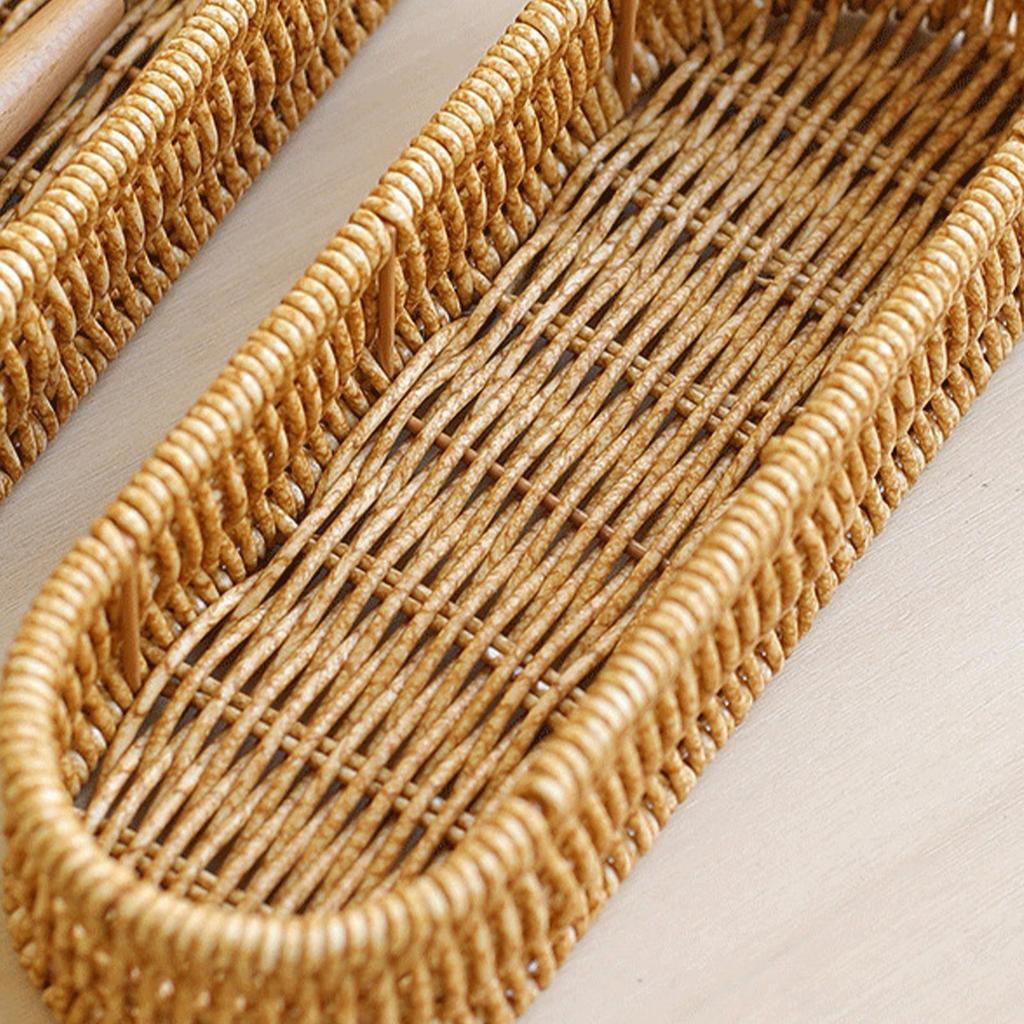 Oval Shape Tableware Storage Basket Retro Plastic Faux Wicker Tray Decorative Desk Shelf Baskets Desk Organization