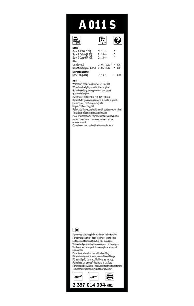 Bosch Плоский стеклоочиститель для импортных моделей Aero Twin A011S, только для автомобилей, 550/450 мм