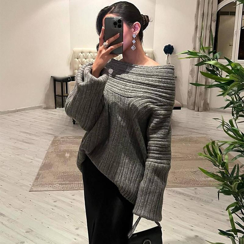 Свитер с открытыми плечами для женщин, осень-зима, свободный, с длинным рукавом, вязаный, женский, уличный, повседневный, большой, топ, пэчворк, свитера для поездок на работу, женские