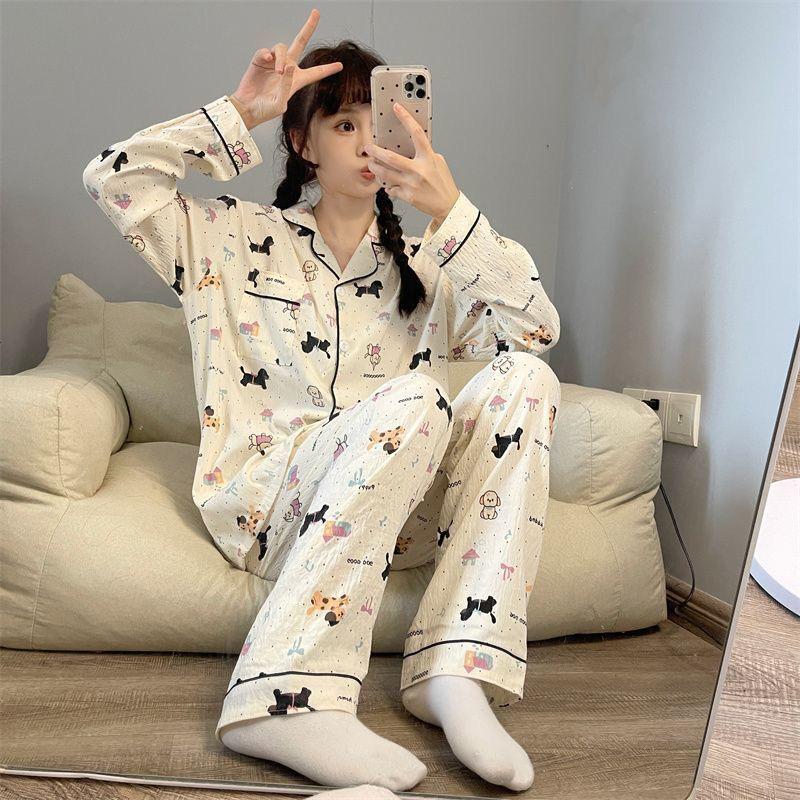 Пижамный комплект из хлопка «Облако» для женщин: Кардиган свободного кроя с длинным рукавом и милыми лацканами в студенческом стиле на весну и осень