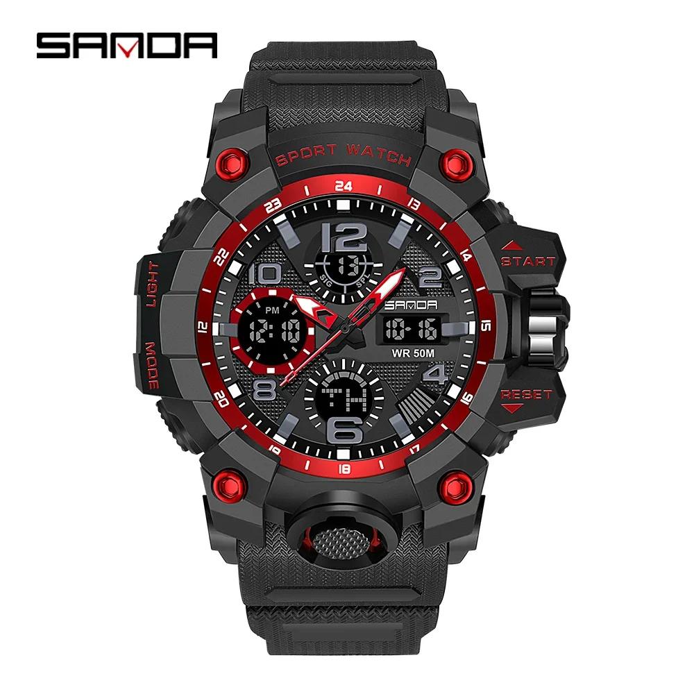 SANDA 6021 Светодиодные двойные дисплеи Кварцевые наручные часы Мужские цифровые часы Военный секундомер Reloj Hombre Спортивные часы для мужчин Водонепроницаемые