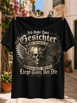 Ich Habe Zwei Gesichter Gerunisex Quote With Split Angel Demon Wing Roses Chains And Ornate Gothic Art Unisex All Tshirt