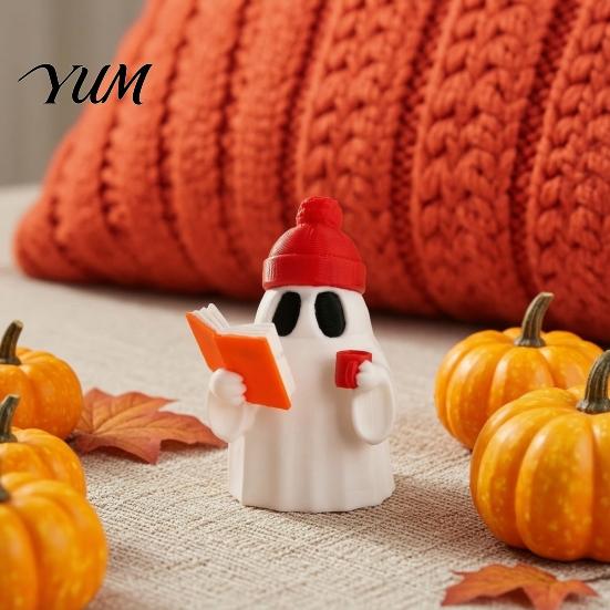 Decorative Ghost Figure 3D Printed Halloween Figurine, Red Hat Reading Sculpture Statue Holding Coffee for Holiday Party Decoration Small Collectibles