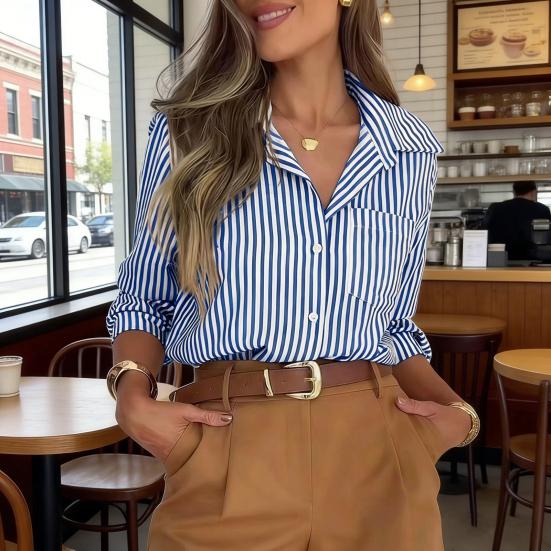 Женская рубашка с лацканами, длинным рукавом, однобортная, топы-рубашки с накладными карманами, в полоску, свободного кроя, повседневная рубашка для офисной леди
