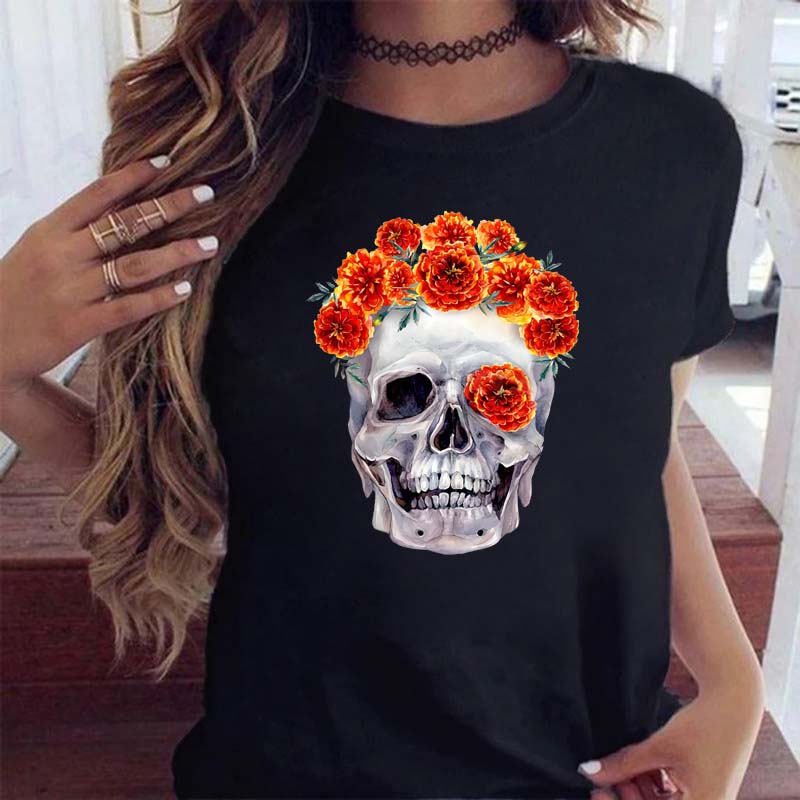 Maycaur Fashion Skull Flower Print Женская футболка Летняя повседневная женская футболка с коротким рукавом и круглым вырезом в стиле 90-х годов, женская футболка, топы