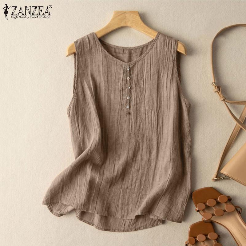 ZANZEA Женские летние хлопковые повседневные майки без рукавов с круглым вырезом