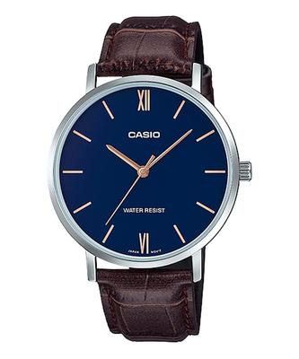 Casio Кварцевые часы с темно-синим и коричневым кожаным ремешком Overseas Model Мужские MTP-VT01L-2B [Товар]