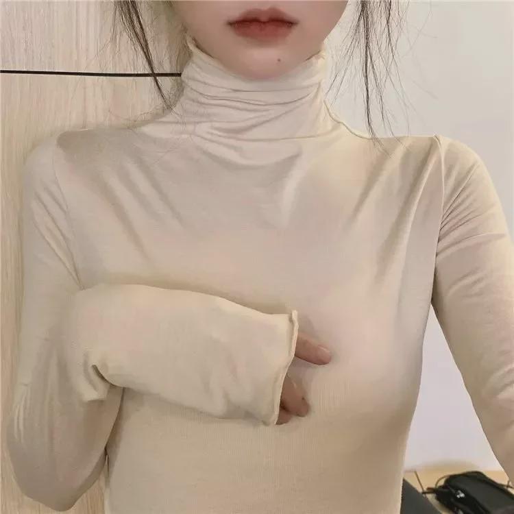 Women's Slim Fit High Collar Long Sleeve T-Shirt - Korean Style, Perfect for Autumn and Winter