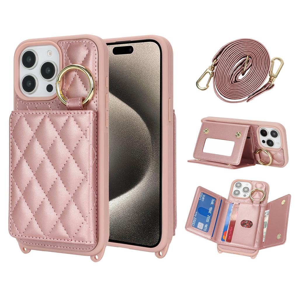 For iPhone 15 Pro Case with Lanyard/Mirror/Card Holder Grids Pattern RFID Blocking Phone Cover