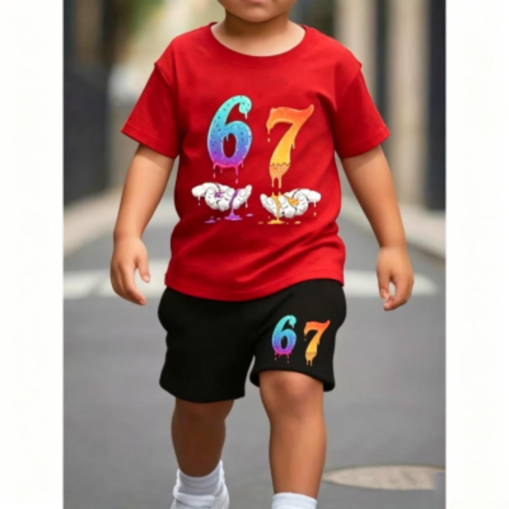 Fashion Men's Funny 67 Printed 16 Colors Men's T-shirt and Shorts 2 Piece Set Summer Home Outdoor Casual Outfit for Men's and Women's Sports Set