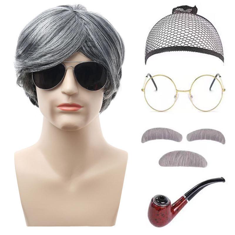 Аутентичный костюм дедушки с серым париком, аксессуарами для бороды и тростью для праздничных торжеств