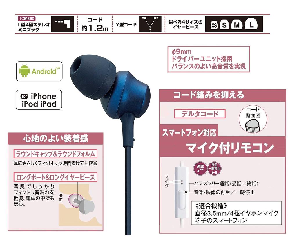 Panasonic Внутриканальные наушники, совместимые с синим смартфоном/iPhone RP-TCM360-A