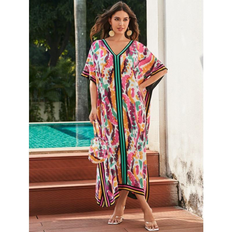 Женская мода лето весна леопардовый принт рукава 1/2 V-образный вырез свободная талия повседневные платья