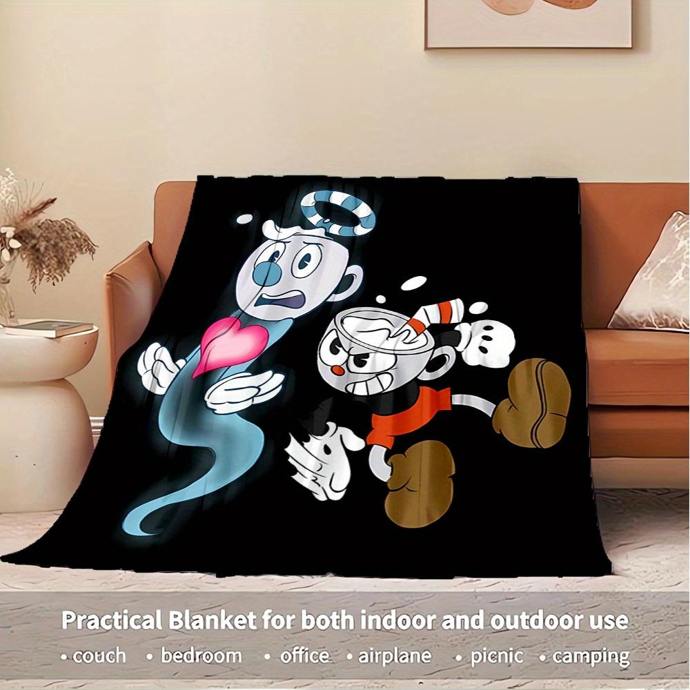 1pc Ghost,Coffee,Cuphead Digital Print Flannel Blanket - Contemporary Style, Suitable for All Seasons, Perfect for Home, Travel, or Camping
