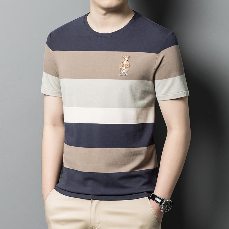 Мужская летняя новая национальная модная полосатая деловая повседневная футболка с вышивкой и короткими рукавами, тонкая майка