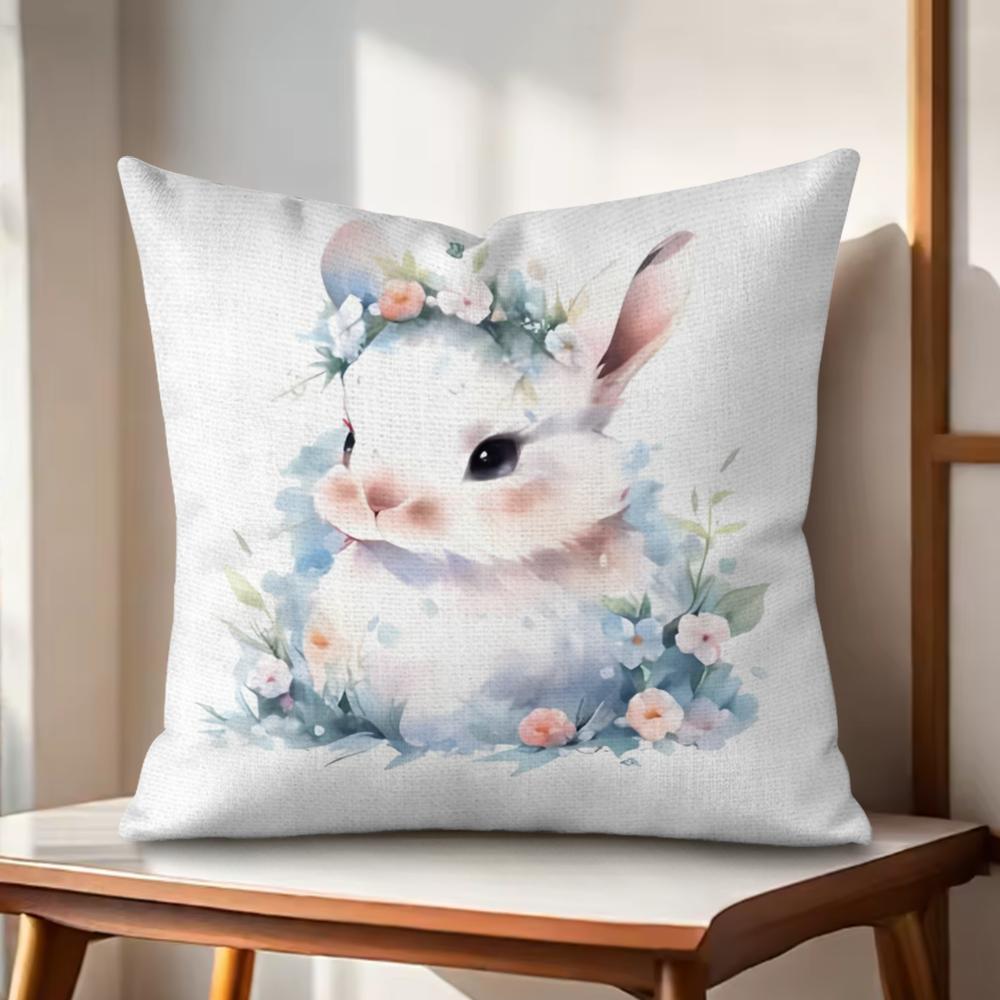 Cute Easter Bunny Cushion Cover Natural Linen Organic Fabric DoubleSided Printing Couch Pillow Covers Home Decor