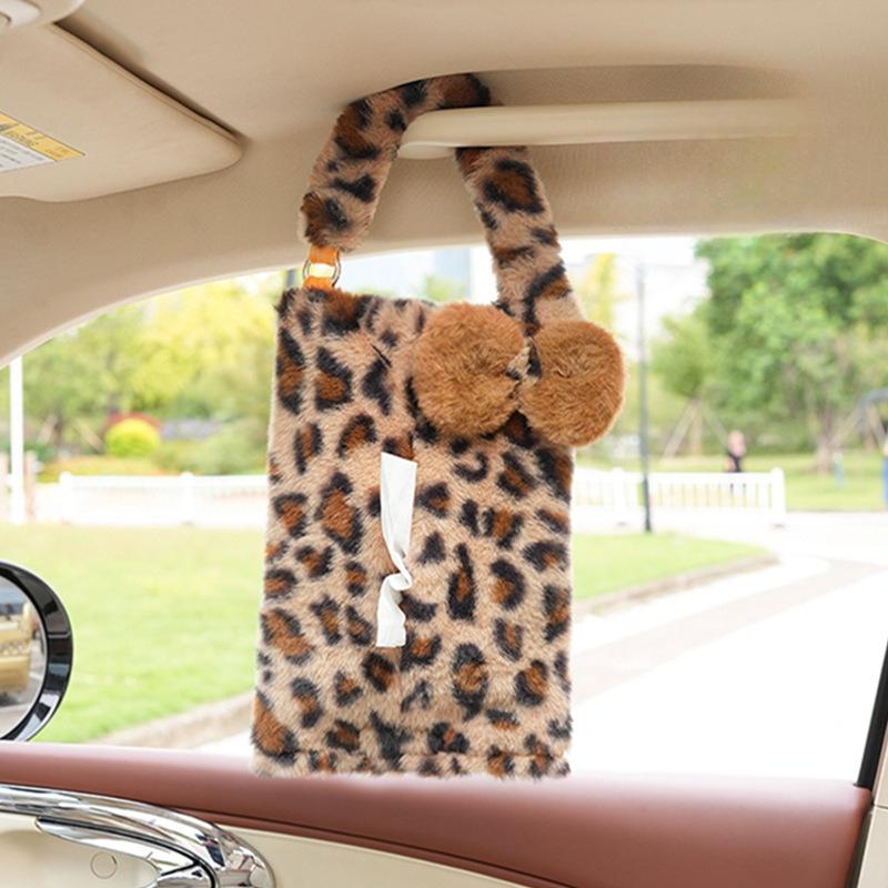 1PC Car tissue box Leopard print car tissue box plush car seat hanging paper box Fashion goddess car home dual use tissue bag