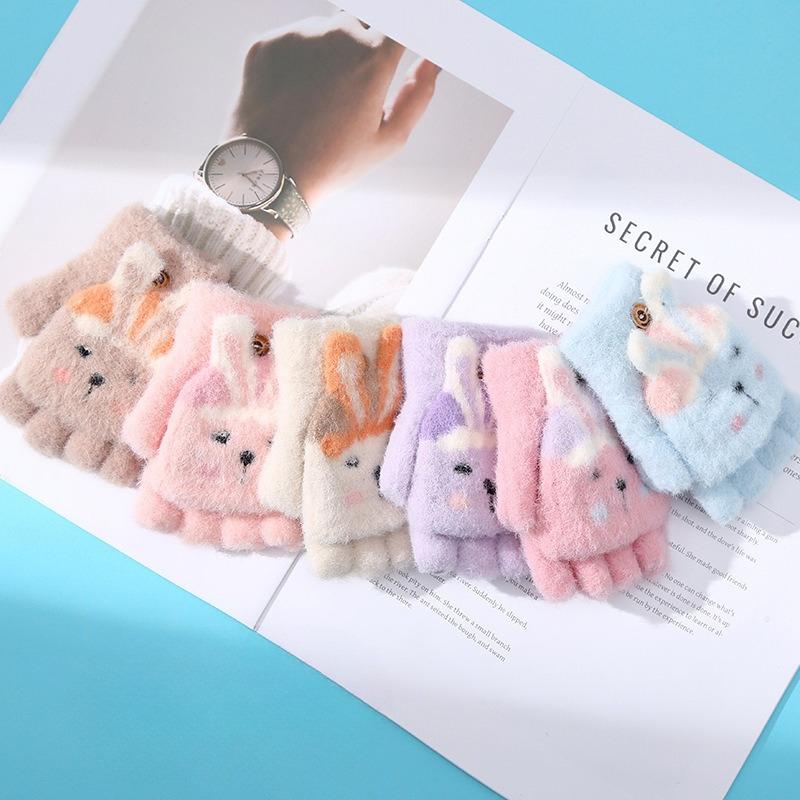 New Cartoon Cute Little Girl Winter Warm Gloves for Outdoor Cycling To Prevent Cold Baby Writing Half Finger Flip Up Cover