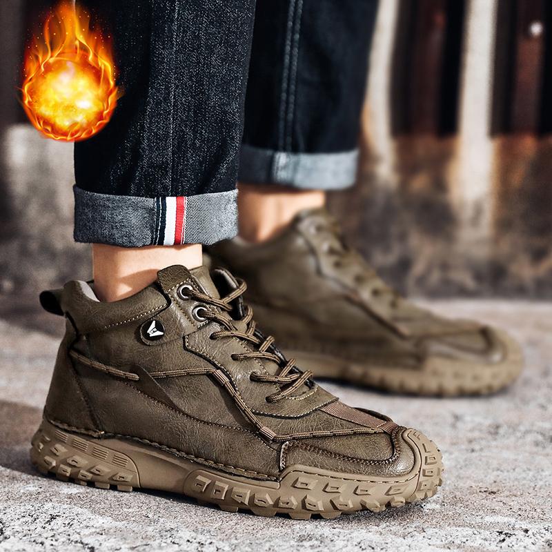 38-46 Модные зимние ботинки для мужчин, плюшевые кожаные ботинки с ручным швом, высокие походные ботинки, нескользящие, теплые, мужские ботинки, большие