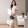 Женское платье макси с цветочным принтом и французским квадратным вырезом 2024 года с рукавами-фонариками - летний утягивающий фасон