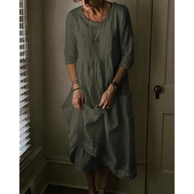 Однотонное плиссированное платье с высокой талией и рукавами 3/4