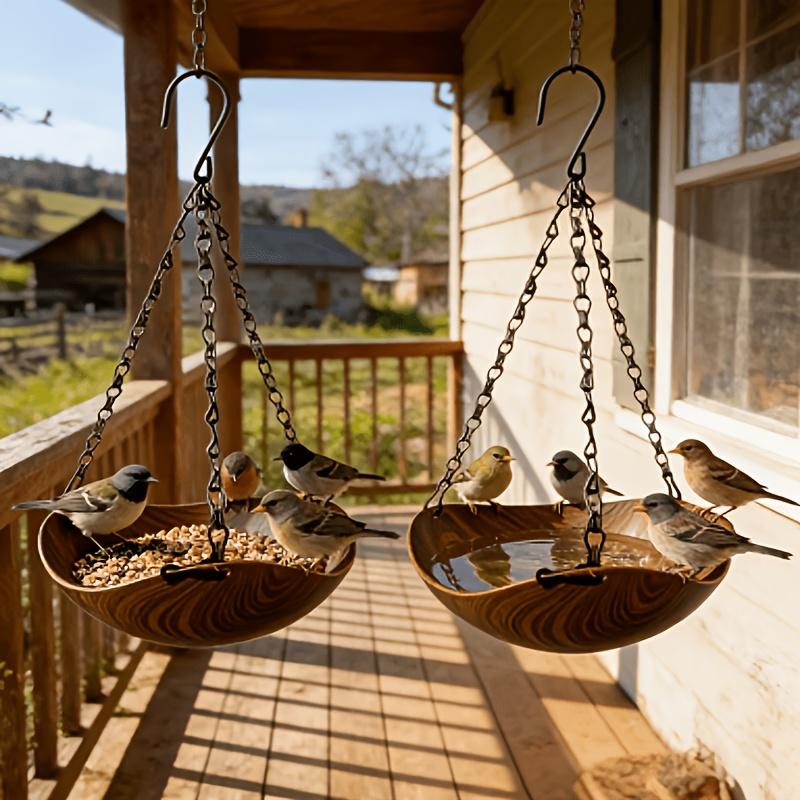 Set of 2 Wood-Grain Hanging Bird Feeders, with a Vintage Wood-Grain Texture, Stable Hanging Design, Paired with a Thick Iron Chain and S-Shaped Hook,