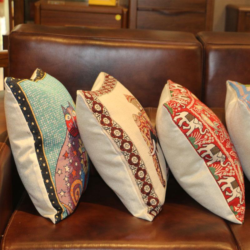 Ethnic Style Elephant Sofa Pillow, Cat Embroidered Cushion Cover, Pillowcase Cover (Without Pillow Core)