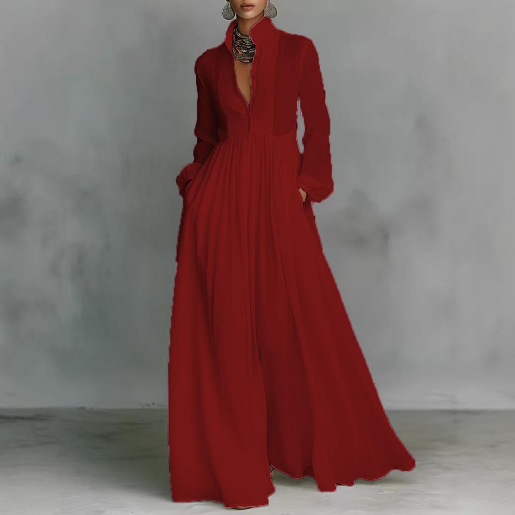 Женское модное платье-миди с V-образным вырезом и длинным рукавом, цветное