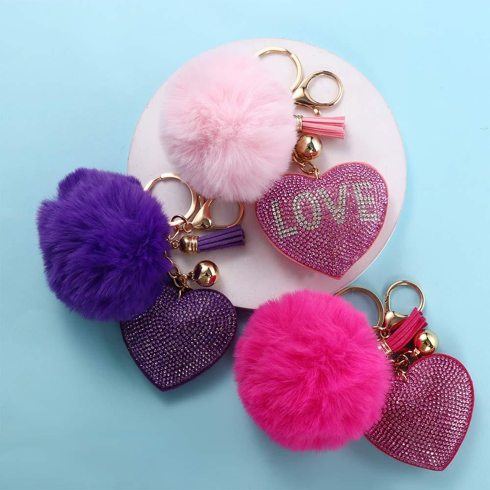 for Women's Bags Girls Ornaments Rhinestone Heart Rhinestone Keyrings Bag Pendant Pompom Keychains