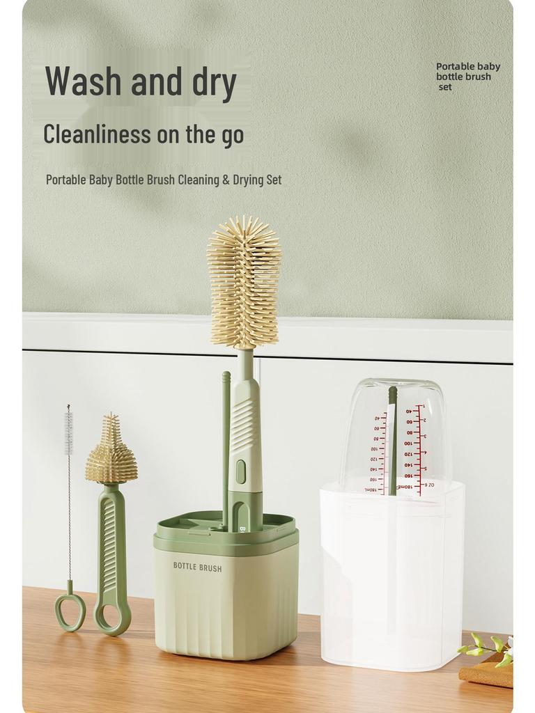 Travel Baby Bottle Brush Set with Silicone Nipple Brush, Draining Rack, Straw & Crevice Brushes