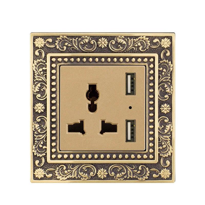 Luxury European Retro Metal Button Switch panel,EU France Standard Copper Wall socket,Universal Light Home Switch Power Outlet
