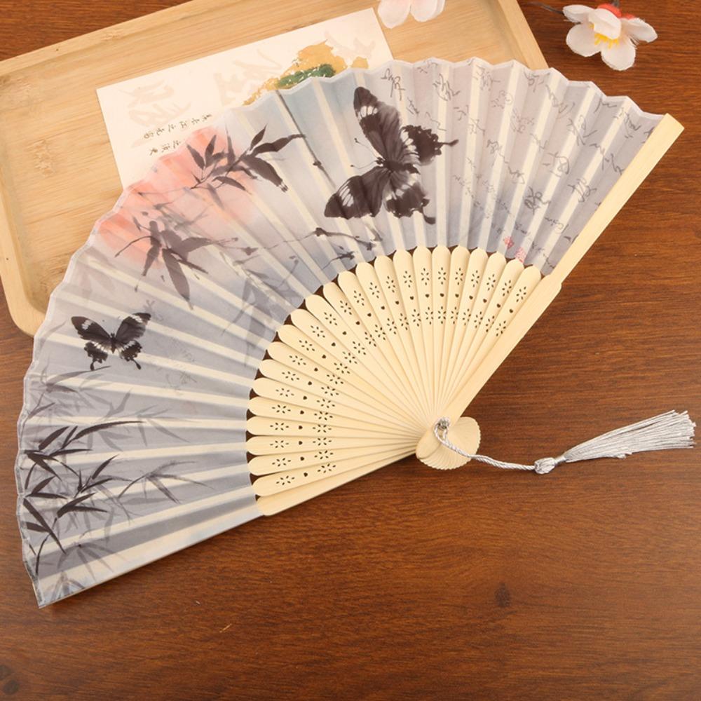 Antique Bamboo Folding Fan Ink Wash Painting Portable Fan Decorative Silk Hand Fan  Hanfu Cheongsam