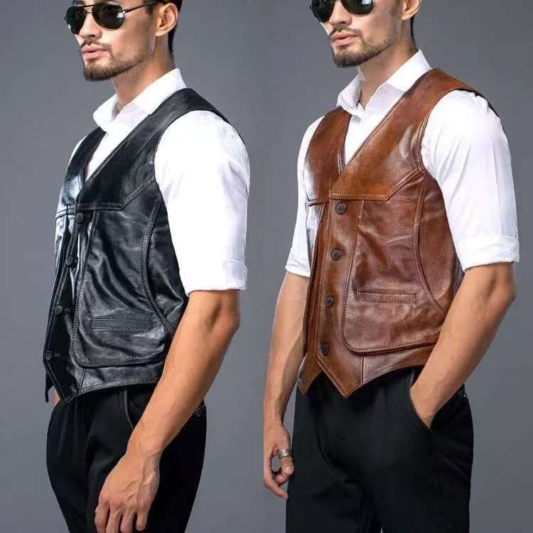 Real Leather Vest for Men Top Layer Cowhide Multiple Pockets Slim Fit Plus Size Leather Vest Retro Leather Camisole Shoulder Clip