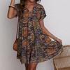 Women Summer Short Sleeve V Neck Retro Printed Holiday Beach One Piece Dress