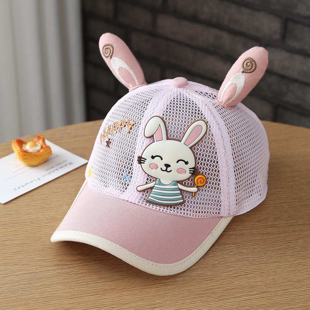 Baby Hat with Cartoon Candy Rabbit Ears-Shaped Embroidery. Five-Star Breathable Baseball Cap Made of All-Net Fabric with a Brim.