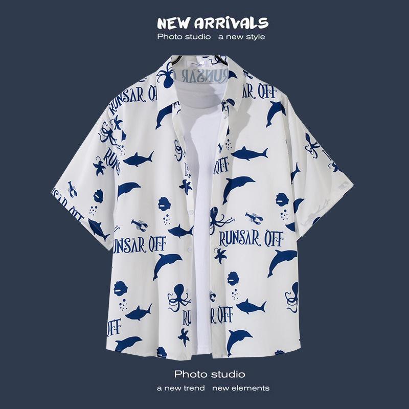 Мужская уличная модная летняя повседневная рубашка с гавайским мультяшным принтом, повседневные свободные рубашки с коротким рукавом, пляжные свободные топы