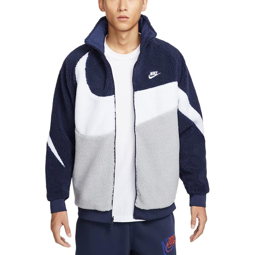 Nike Спортивная одежда Swoosh Fashion Удобная мягкая флисовая куртка с двусторонним воротником Мужские куртки Темно-синий Белый Командный-Сине-Серый BQ6546-411
