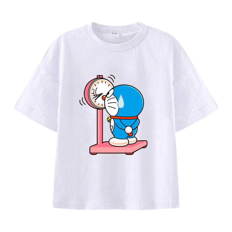 Pure Cotton Childrens Shortsleeved Tshirt for Summer Boys and Girls Halfsleeved Childrens Clothing with Doraemon Pattern
