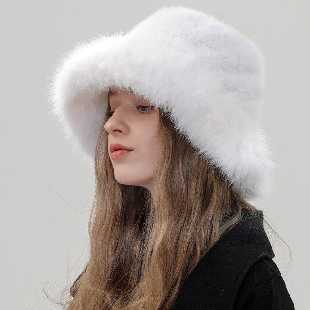 Imitation Fur Plush Bucket Hat Fluffy Hat Winter Cap Elegant Artificial Fur Hat Female/Girls