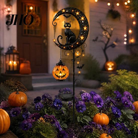 Hanging Pumpkin Halloween Decor Solar Garden Stake Light, Metal Black Cat & Moon Waterproof Crescent Pathway Lights Decorations for Lawn Patio