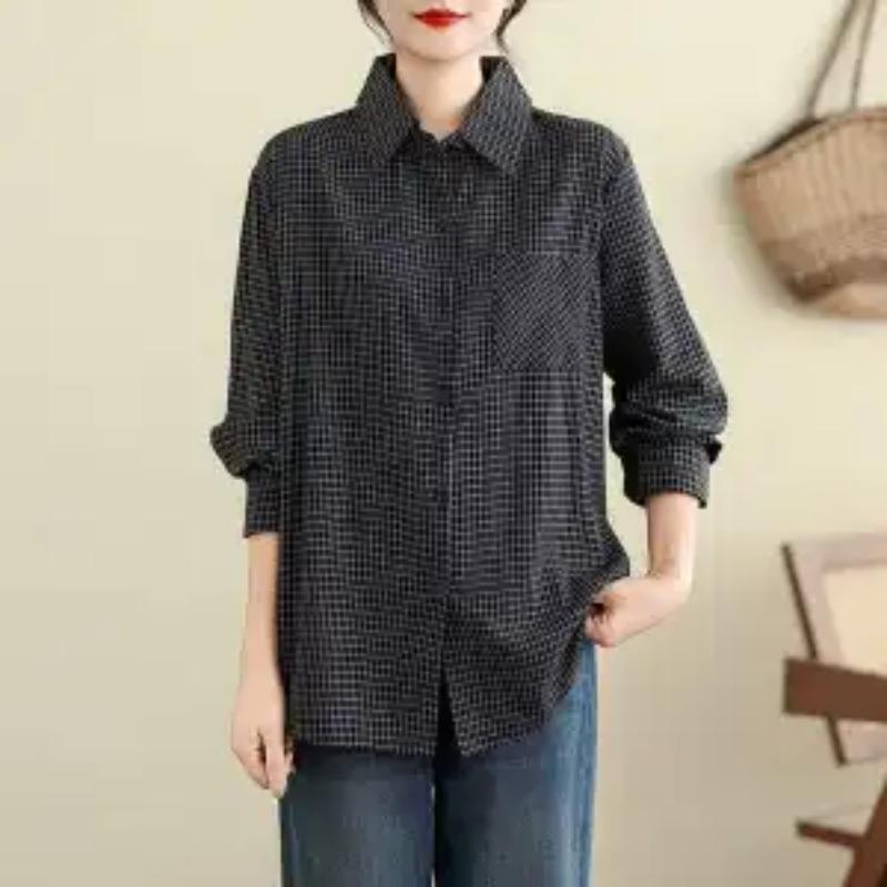 Весенне-осенняя рубашка ретро с клетчатым принтом, длинным рукавом, лацканами на пуговицах, повседневный свободный топ