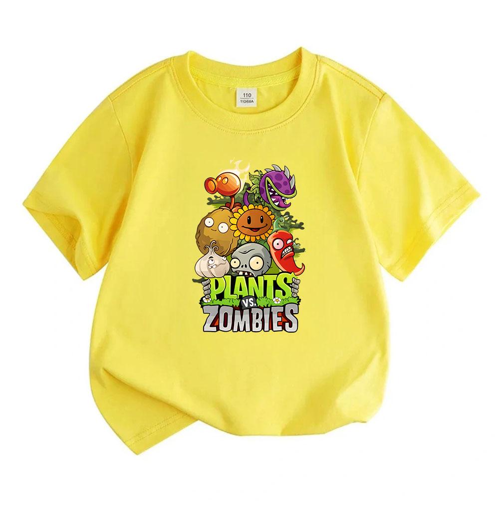 Kids Boys Girls 100% Cotton Crew Neck Short Sleeve T-Shirt, Cute Plants vs Zombies Cartoon Printed Casual Soft Breathable Summer Tee for Daily Wear
