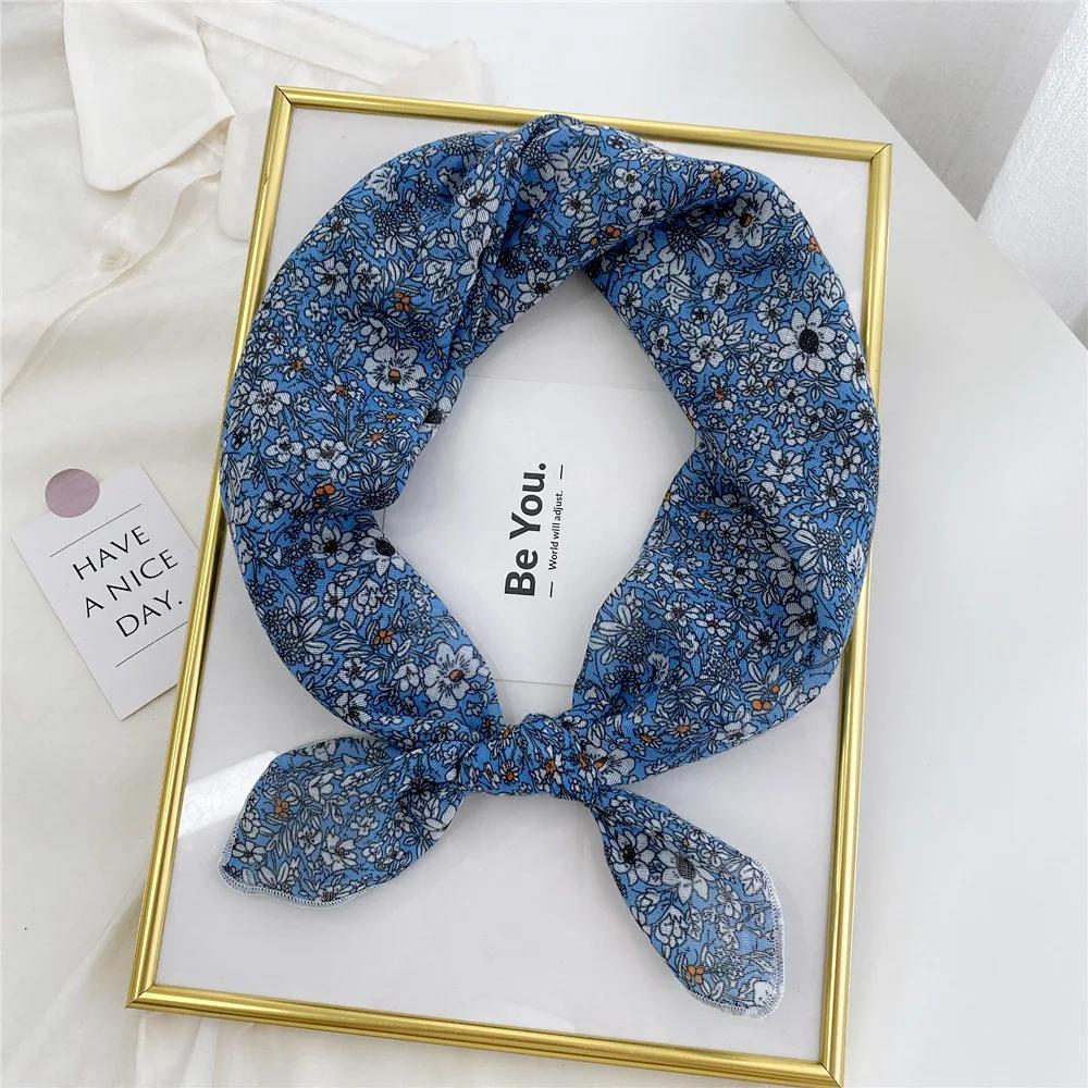 Floral Print Neckerchief Small Hijab Scarfs Women Fashion Handkerchief Neck Scarf Shawls Cotton Blends Korean Hair Scarves 58CM