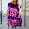 Plus Size Women Autumn Crystal Rose Printed Comfy Long Sleeve Round Collar T-shirt Casual Baggy Mid Length Tee Tops