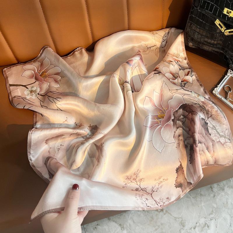 Spring New Fresh Flower Silk Crepe Satin Printed Silk Scarf Women's Fashion Versatile Mulberry Silk Small Square Scarf
