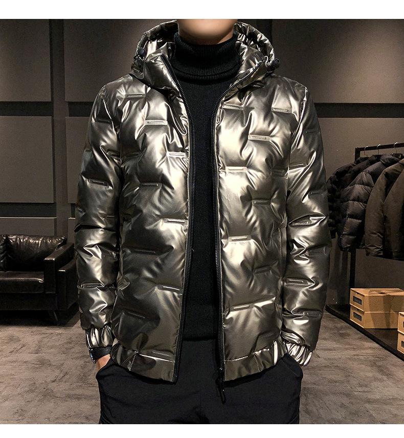 Мужской серебристый блестящий зимний пуховик, мужской теплый короткий белый утиный пух с капюшоном