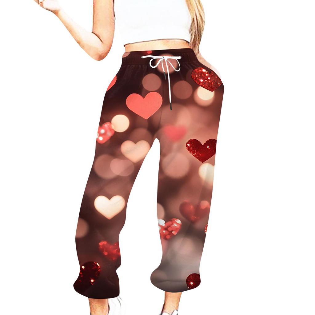 Женская повседневная мода День святого Валентина Повседневные брюки с принтом Спортивные брюки Брюки с эластичной резинкой на талии со шнурком Брюки со шнурком