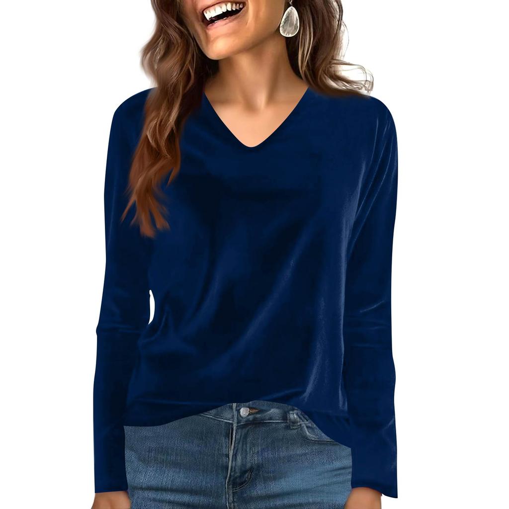 Women's Fashion Casual Velvet Solid Colour V-Neck Long-Sleeved T-Shirt Top