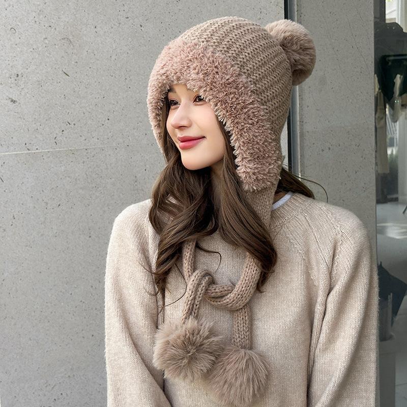 Plush Hat Solid Color Warm Knitted Hat Double Layer with Fluffy Ball Knitted Hat Cute Hanging Ball Outdoor Hat Winter
