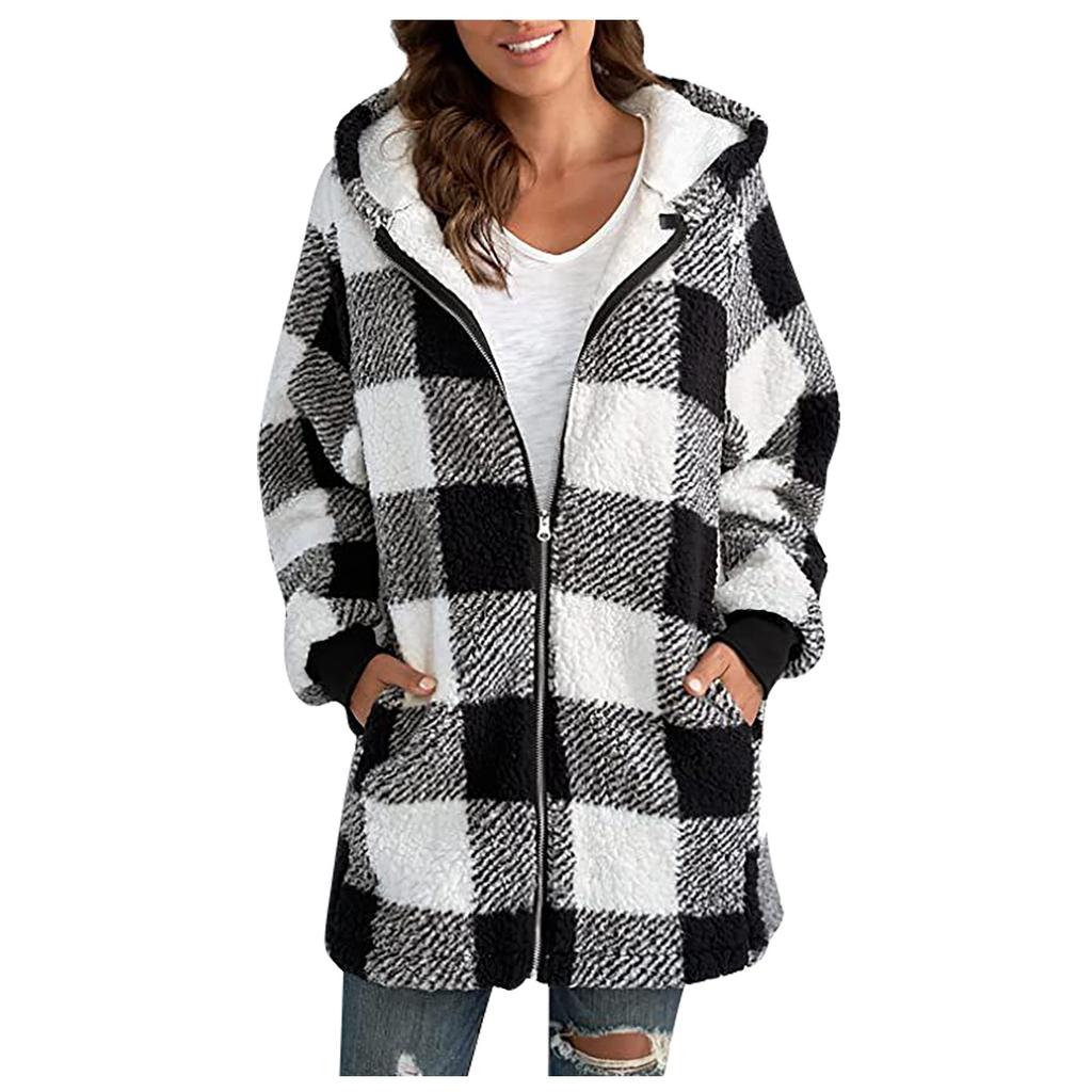 Женская повседневная теплая куртка с плюшевой решеткой и карманом на молнии с капюшоном, свободное пальто